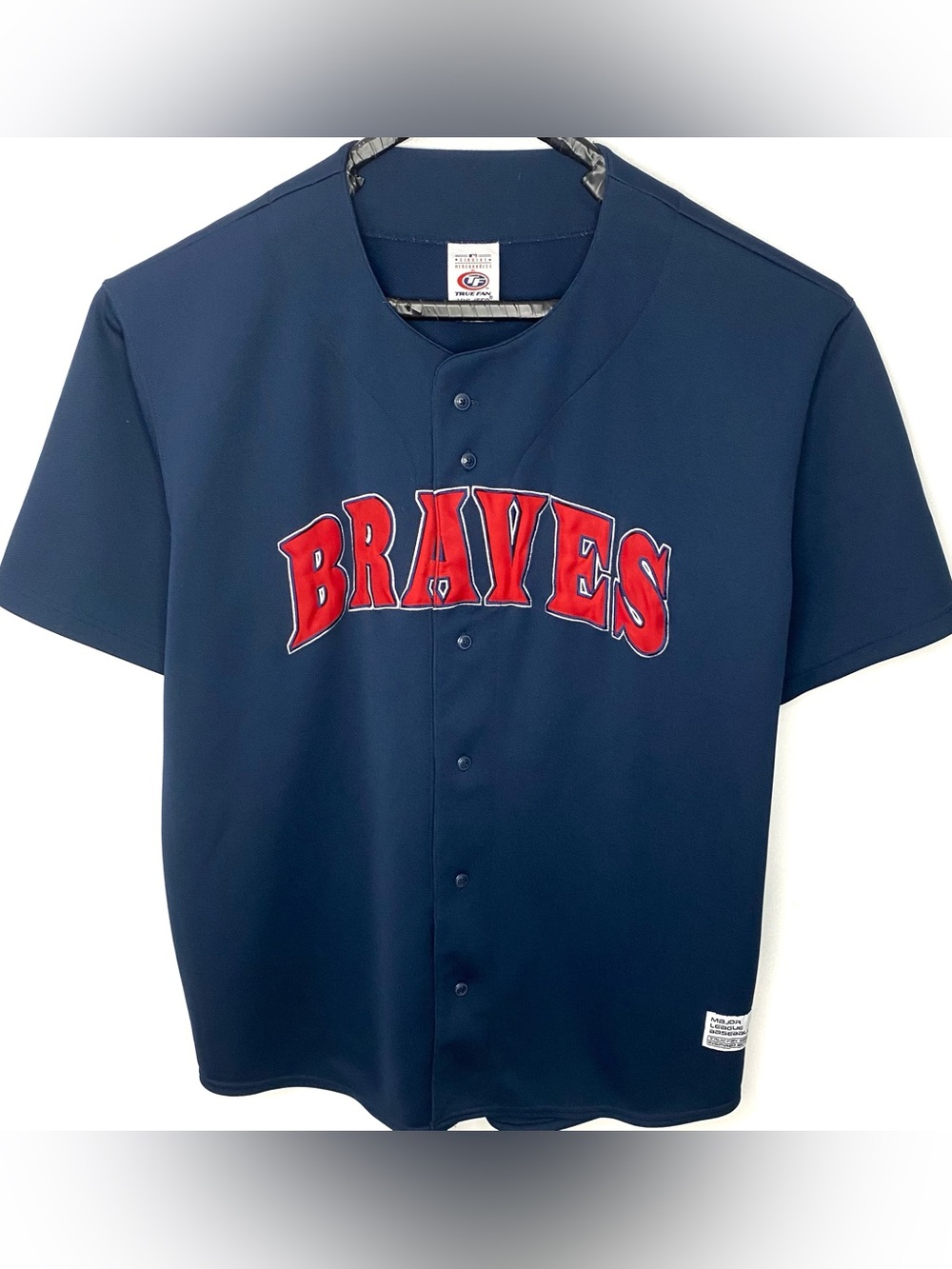 Vintage Atlanta Braves MLB Navy Blue Embroidered Baseball Jersey By True Fan XXL